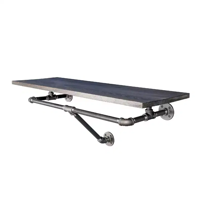 Pipe Decor 24 in. Wall Mounted Clothing Rack with Wood Shelf, Boulder Black