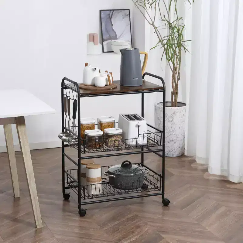 3 Tier Kitchen Cart with Storage, Rolling Kitchen Island Cart with 2 Sliding Fruit Basket and Side Hooks for Dining Room