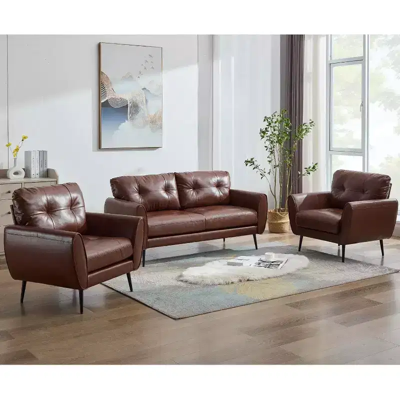 TYBOATLE 61 Mid-Century Modern Tufted Loveseat/L-Shaped Sofa & Chair, Faux Leather Living Room Luxury Sofa Set, for Living Room, Bedroom or Office