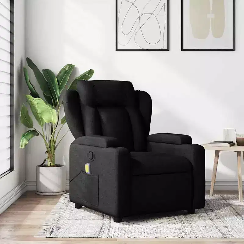 Massage Recliner Chair, Black Fabric (100% Polyester), Metal and Plywood