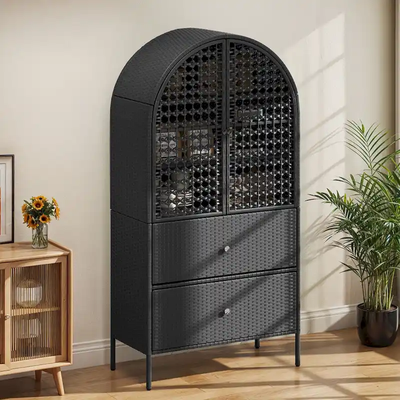65 Tall Arched Wicker Kitchen Pantry Cabinet,Farmhouse Cupboard with 3 Shelves & 2 Drawers