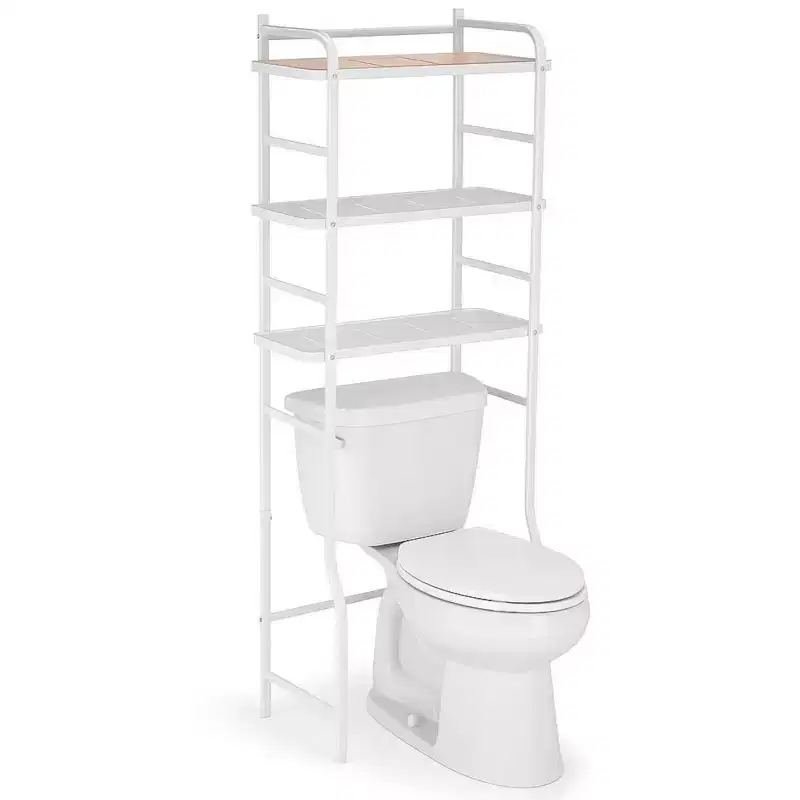 Home Zone Living Over-the-Toilet 3-Tier Storage Organizer with Bamboo Accent and Steel Frame, Freestanding Bathroom Shelf, White
