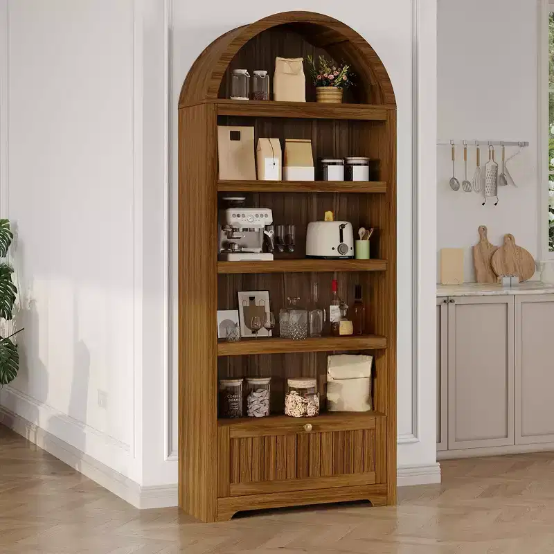 Arched 6-Tier Farmhouse Bookcase with Open Shelves & Drawers,71.6 Tall Freestanding Wood Cabinet for Living Room, Bedroom, Home Office