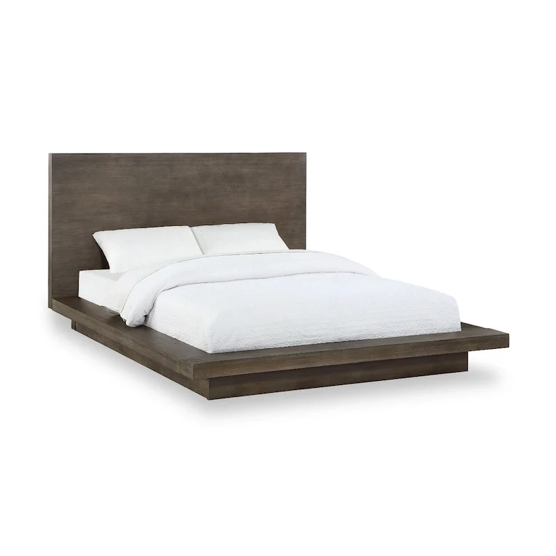 Pine Wood Platform Queen Bed, Plinth Base, Distressed Brown