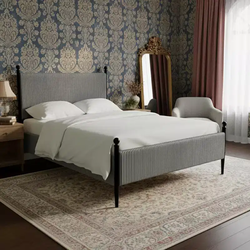 Upholstered Bed Frame  Vertical Stripes Headboard, Vintage Metal Legs, No Box Spring Needed, Easy Assembly