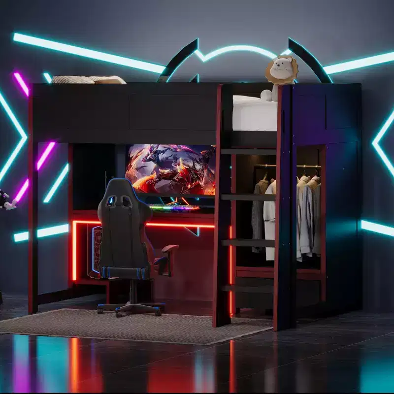 Twin/Full Size Gaming Loft Bed with Built-in Desk, Wardrobe, LED and a Drawer, Pine Wood Bed Frame, Black