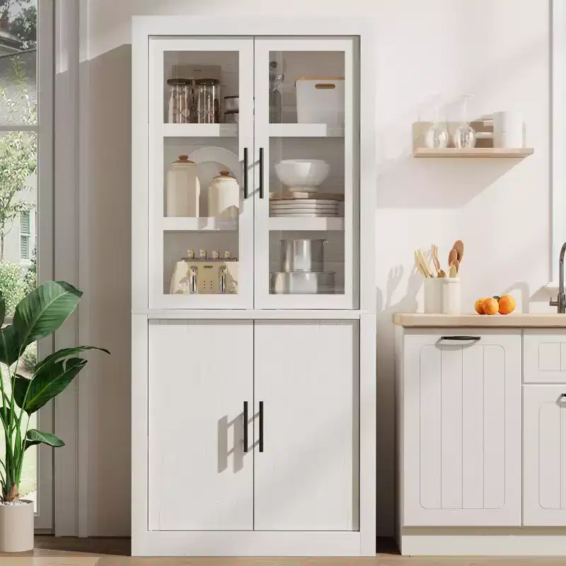 71 Tall Kitchen Pantry Cabinet, 4 Doors & Adjustable Shelves, Freestanding Wood Large Food Cupboard for Dining, Living Room