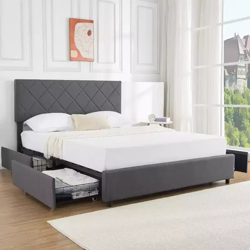Grey Velvet Queen Platform Bed – Adjustable Headboard & 4-Drawer Storage, for 1