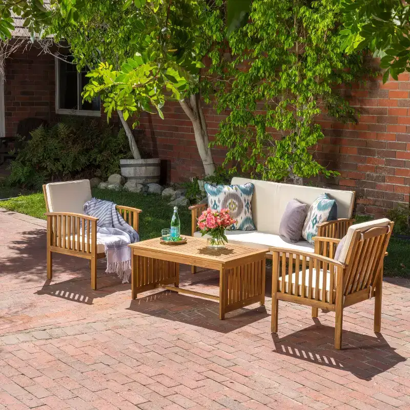 Christopher Knight Home Navan Outdoor Acacia Wood 4 Seater Chat Set with Water-Resistant Cushion