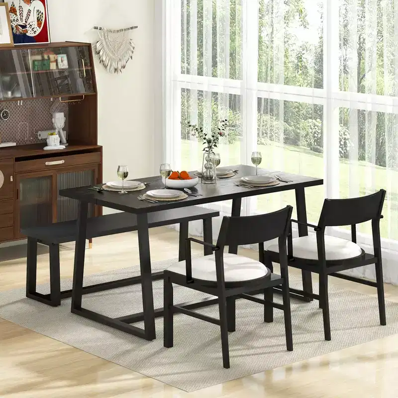 Costway 4 Pieces Dining Table Set Kitchen Table with 2 Armchairs & 1 Bench for 4 Coffee/Black