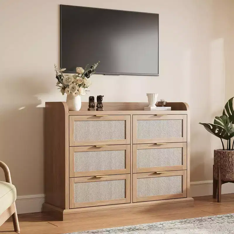 Brown Rattan 6-Drawer Dresser, Farmhouse Style, Single-Person Use