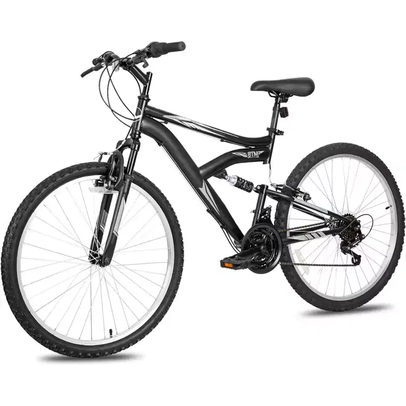 Hykolity 26/27.5-Inch Mountain Bike, Mens Womens, Steel Full Suspension, 18-Speed, Adjustable Saddle, Linear Pull Brakes, Alloy Rims