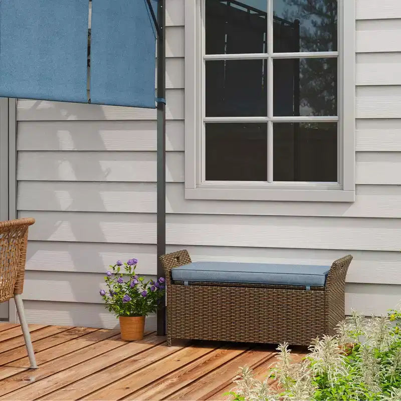 Outsunny 29 Gallon Patio Wicker Storage Bench, Outdoor PE Rattan Patio Furniture, 2-In-1 Footstool Rectangle Basket Box w/ Handles and Cushion