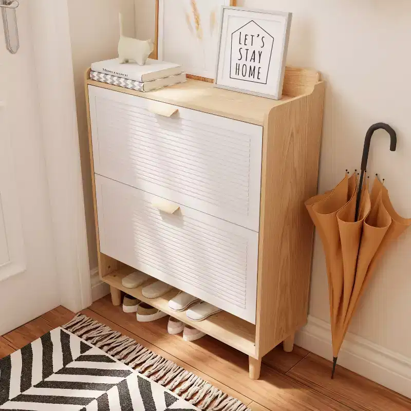 White 2-Door Flip-Up Shoe Cabinet with Wood Legs, Nordic Style
