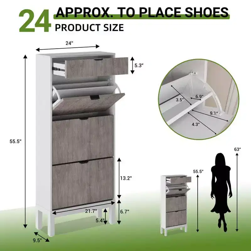 Shoe Storage Cabinet with 3 Flip Drawers, Entrance Wooden Shoe Rack with Iron Legs