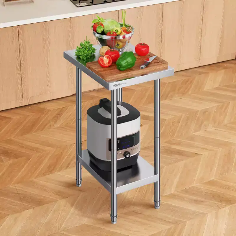 VEVOR Stainless Steel Prep Table, 24 x 18 x 34 Inch, 640 lbs Load Capacity, Heavy Duty Metal Worktable with 3 Adjustable Height Levels