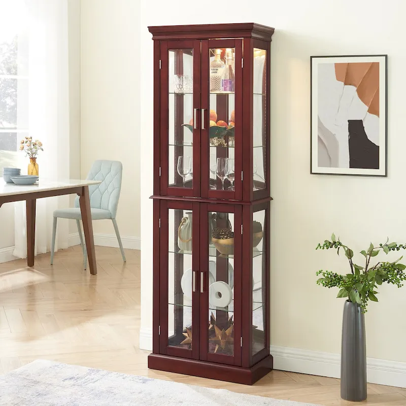 Lighted Curio Display Cabinet with Adjustable Shelves, Mirrored Back Panel & Tempered Glass Doors (6 Tier)
