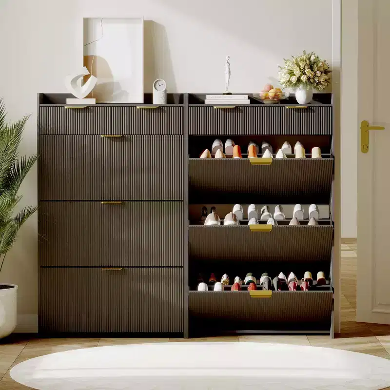 Modern White Shoe Cabinet with 3 Flip Drawers & 2 Small Drawers & Hook, Slim Fluted Shoe Storage Organizer, Narrow Entryway Cabinet