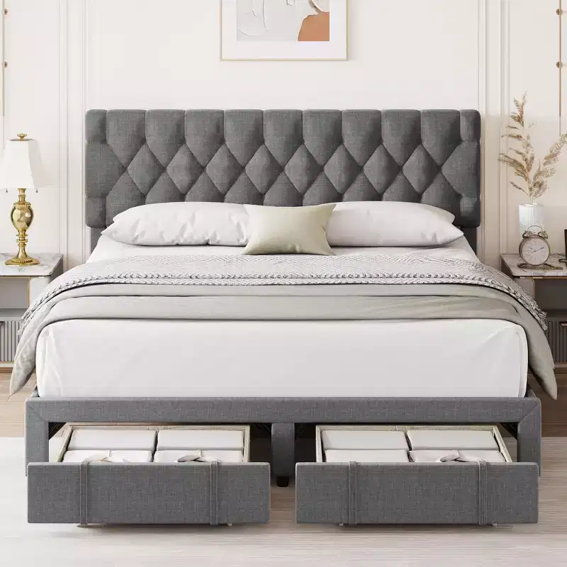 Queen Size Bed Frame with 2 Storage Drawers, Upholstered Platform Bed Frame with Adjustable Button Tufted Headboard, Mattress Foundation with Slats