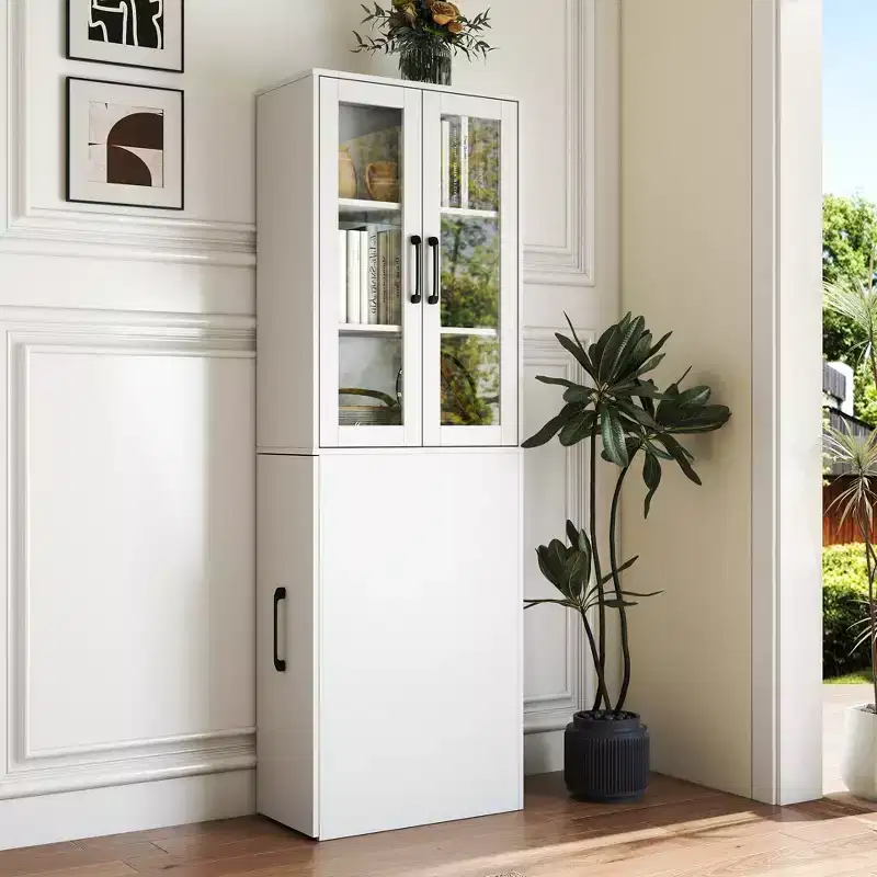 70.87-Inch Display Storage Cabinet with 4-Tier Pull-Out Shelf and 2 Glass Doors, MDF Kitchen Pantry Cabinet