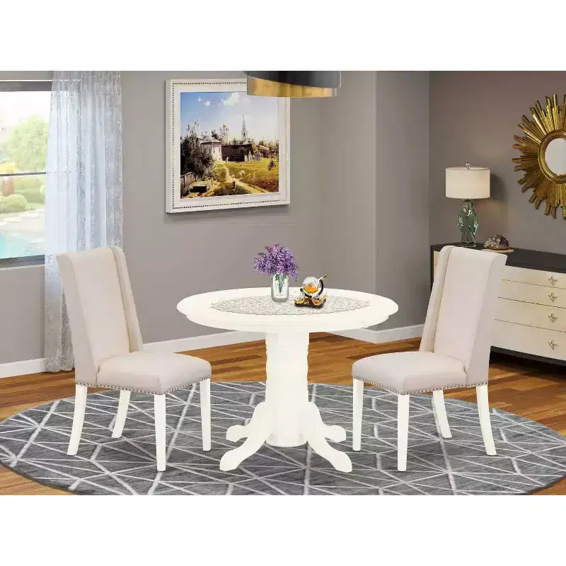 HomeStock 3-Pc Linen white Solid Wood Top - Round Upholstered Dining Room Set - Seats 4