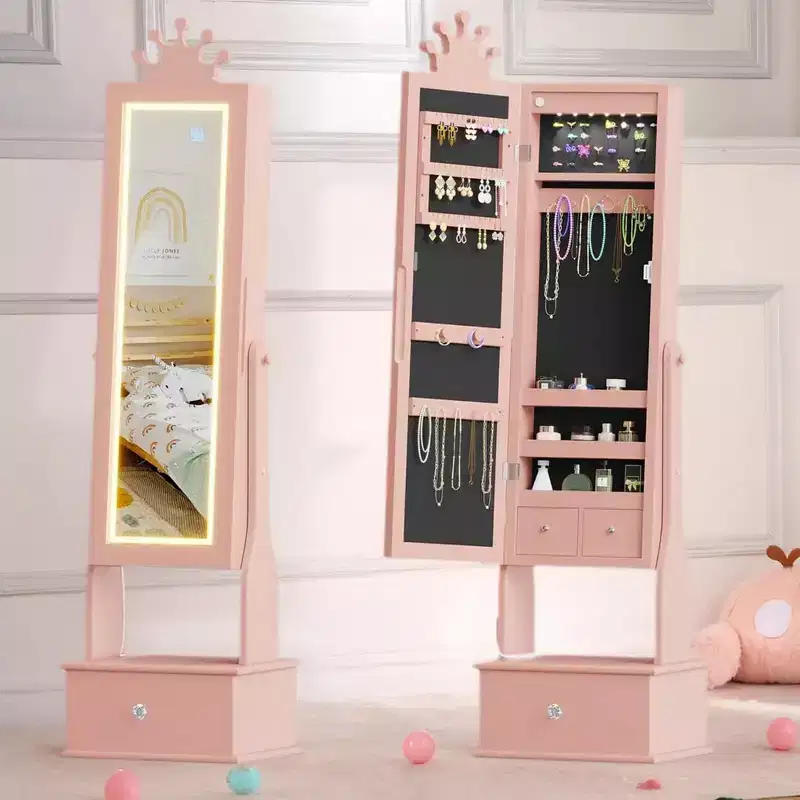 Garvee Kids Jewelry Armoire Cabinet with Full-Length Mirror,46Jewelry Armoire with 3 Storage Drawers,Kids Vanity Dress Up Mirror Jewelry Cabinet