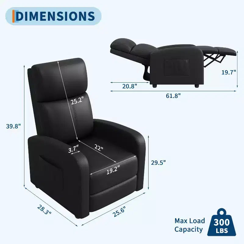 Recliner Chair for Adults, PU Leather Lazy Recliner Ergonomic Adjustable Single Sofa Enhanced with Side Pocket