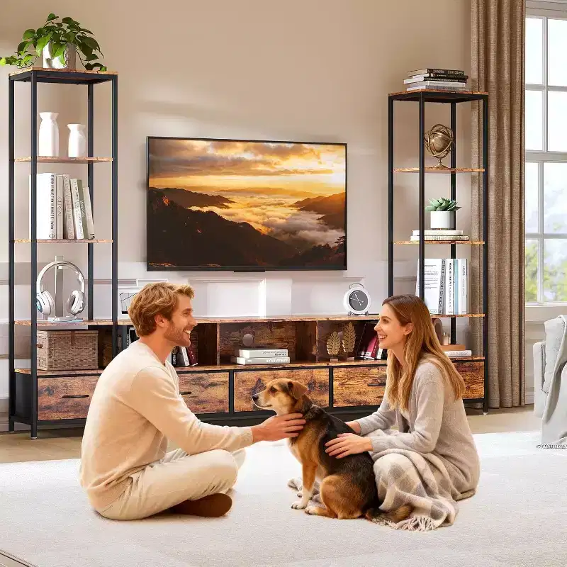TV Stand for 65-Inch TVs with Bookshelves, LED Lights & Power Outlets, 5 Fabric Drawers
