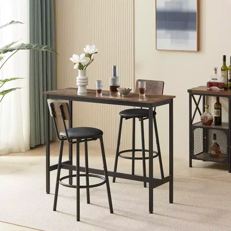 Industrial Counter Height Dining Table with 2 PU Upholstered Counter Height Stools, Space-Saving Kitchen or Home Bar