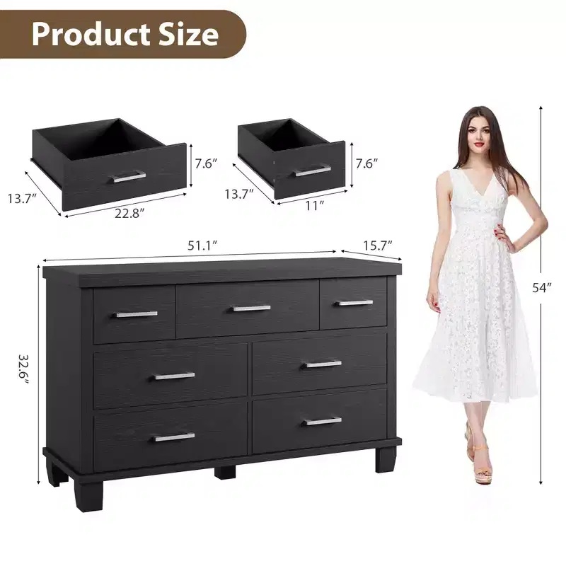 7 Drawers Dresser, Metal Handle, Wooden Dresser Organizer, for Living Room, Entryway
