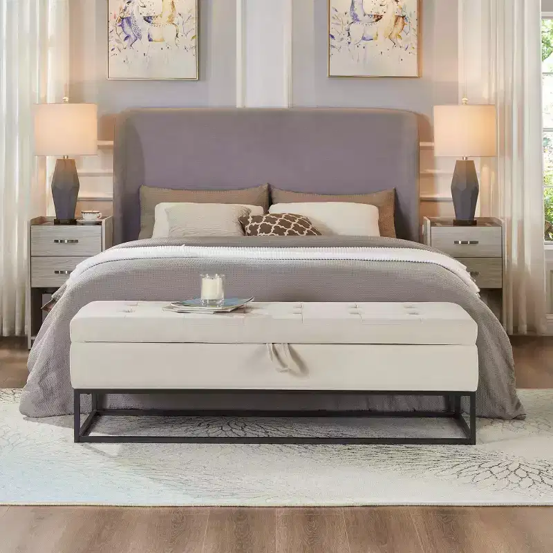 MAYEERTY 58.6 Storage Bed Bench, Uphollstered Bench with Metal Base for Bedroom Living Room Hallway Beige