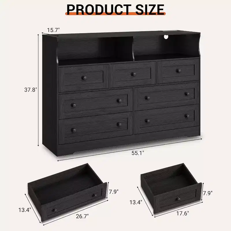 Acekool 7-Drawer Dresser with Charging Station, Modern Chest with Open Compartments, App Lighting, Storage Organizer for Bedroom & Closet