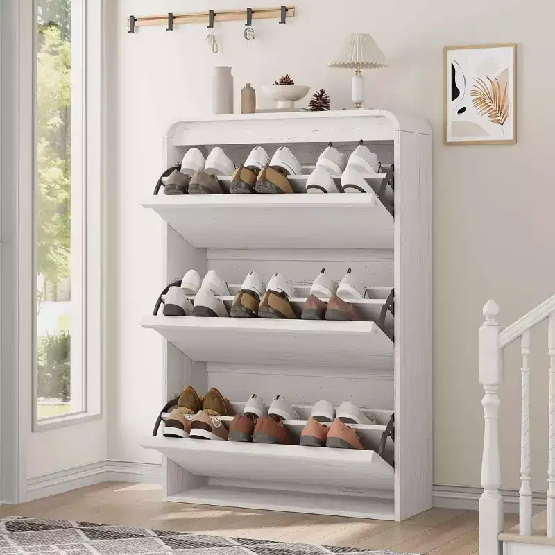 Shoe Cabinet with 3 Flip Drawers, Wooden Shoe Cabinet with Adjustable Shelf, Hidden Shoe Cabinet for Hallway, Shoe Storage for Entryway