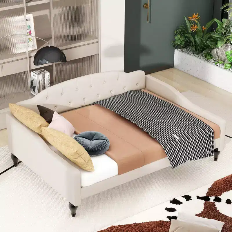 Full Size Upholstered Daybed, Tufted Sofa Bed Frame w/wo Drawers/Twin Size Trundle, Beige -ModernLuxe