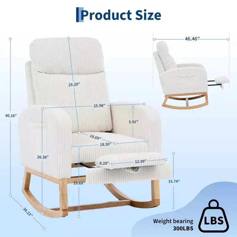Nursery Rocking Chair with Adjustable Footrest - Tufted Upholstered Glider Rocker with Side Pocket for Living Room, Bedroom, Baby Nursery