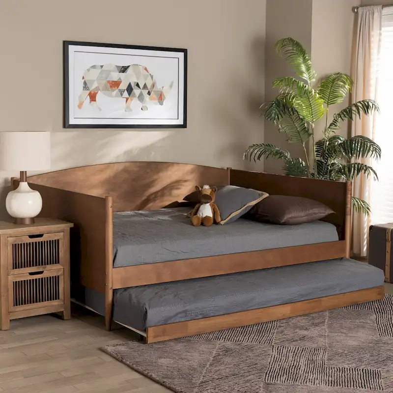 Modern Ash Walnut Finished Wood Full Size Daybed with Trundle