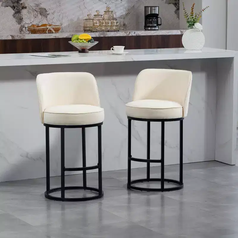 TUYOHW Counter Height Bar Stools Set of 2,Modern Barrel-Shaped Stools with Footrest,Soft Linen Bar Stools for Kitchen Island & Home Bar