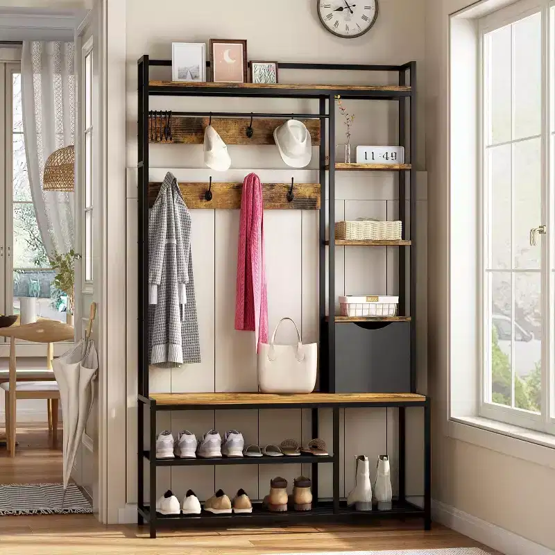 Acekool 5-in-1 Hall Tree with Bench, Shoe Storage, Coat Rack, Fabric Drawer & 12 Hooks, Metal Frame Organizer for Entryway and Hallway