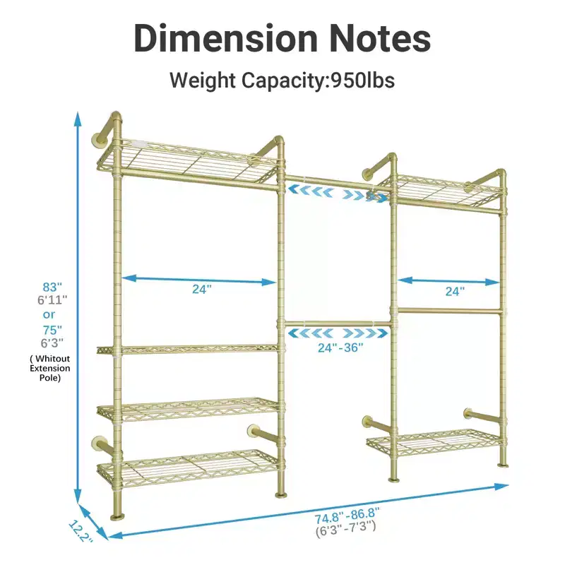 Timate F3 Garment Rack Heavy Duty Clothes Rack Expandable Industrial Pipe Wall Mounted Clothing Racks Wardrobe Closet Kit , Gold