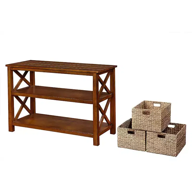 Brown X-Side Console Table with 2 Shelves & 3 Baskets