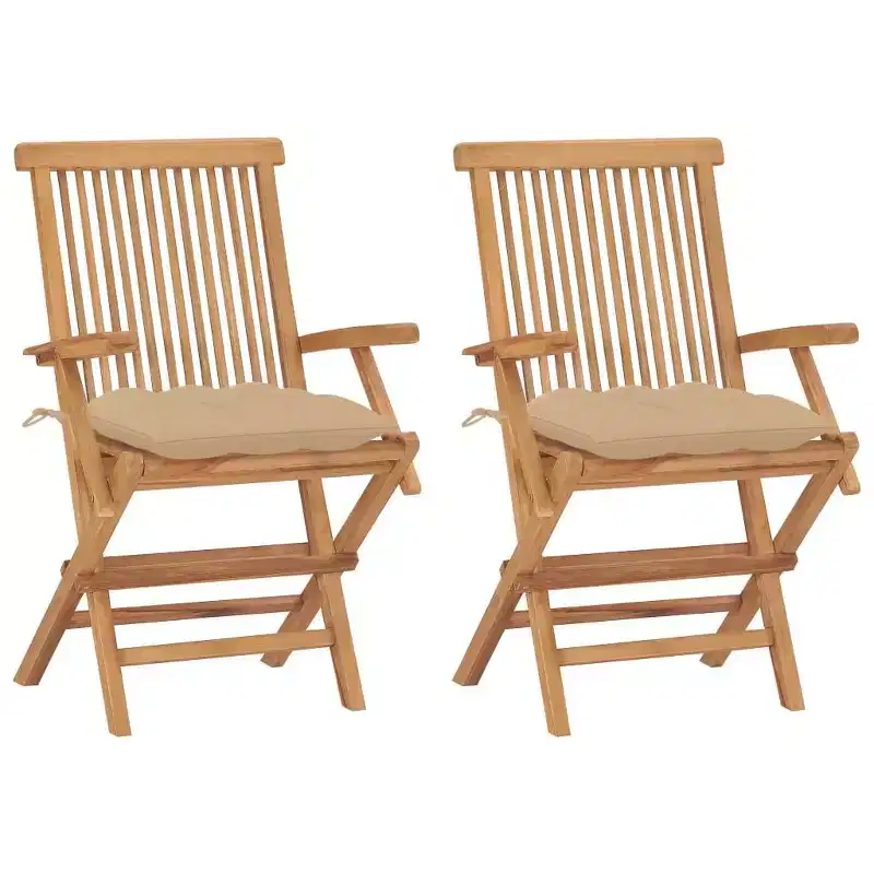 vidaXL 2-Pcs Beige Cushioned Patio Chair Set, Durable Teak, Weatherproof Outdoor, Foldable Designs for Easy Storage, Ideal for Garden, Terrace