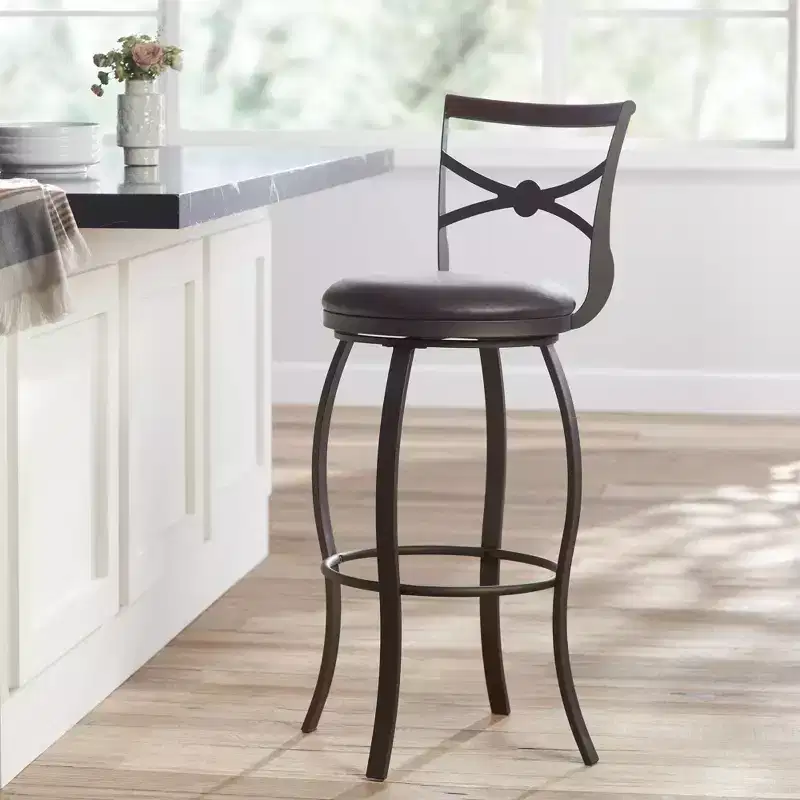 Elm Lane Haidar Bronze Metal Swivel Bar Stool Brown 25 High Traditional Faux Leather Round Cushion with Backrest Footrest for Kitchen Counter Height