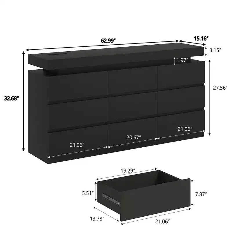 Modern 9-Drawer Dressing Table with Sliding Top, Featuring Drawers, Organizer for Bedroom, Closet, and Living Room
