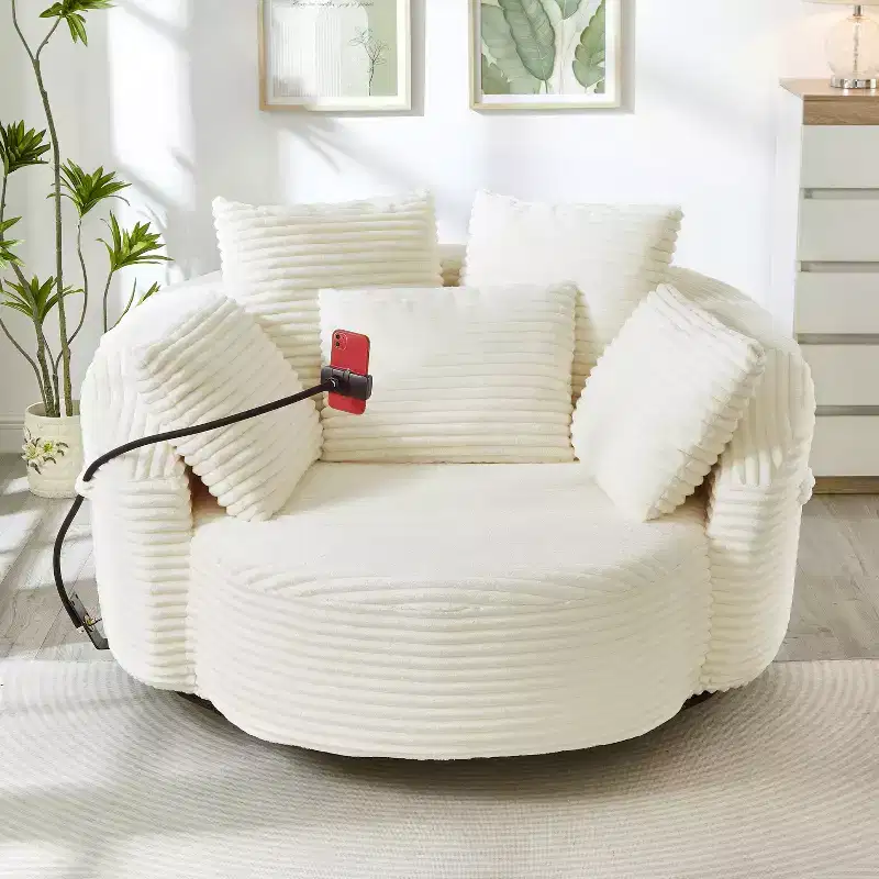 360 Swivel Chair Barrel Chair Accent Chair, Corduroy Round Sofa Chair with 5 Throw Pillows & Adjustable Phone Holder - ModernLuxe