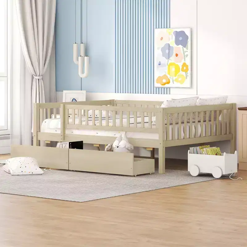 Full Trundle beds for Kids, Daybed with Trundle, Wood Full Bed for Teens, Adults, No Box Spring Needed (White/Beige)