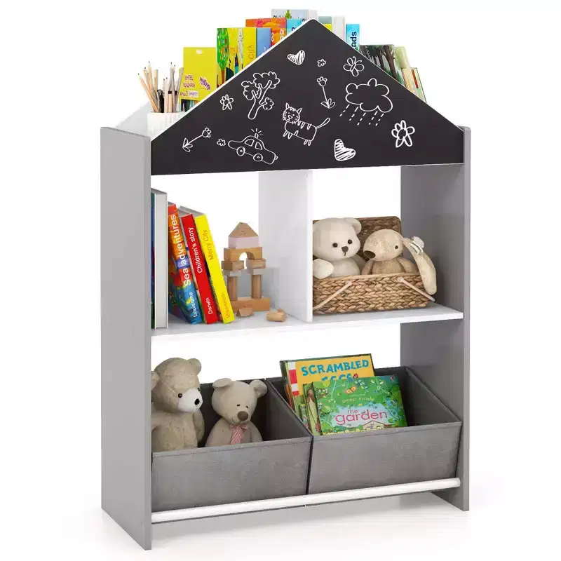 Kids Dollhouse Bookshelf with Writable Chalkboard Whiteboard, 4 Top Compartments, Gray/Pink