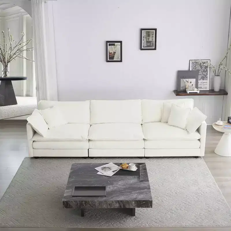 MAYEERTY Mid Century Modern Couch 3 Seater Sofa with 2 Armrest Pillow and 2 Armrest Pillows and 3 Toss Pillows for Living Room White
