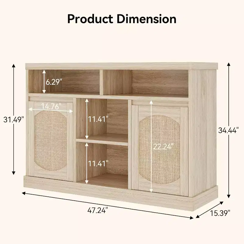 2-Door Rattan Decorated Sideboard Buffet Cabinet with Adjustable Shelves