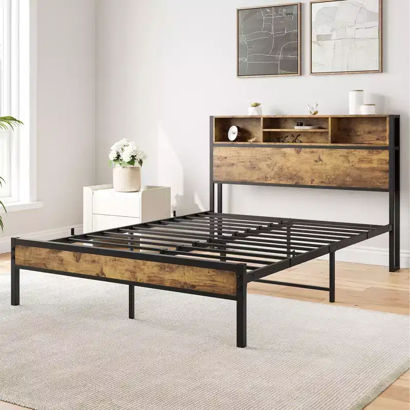 MAYEERTY Full Black Metal Platform Bed Storage Headboard Charging Station Bookcase No Box Spring Easy Assembly Quiet