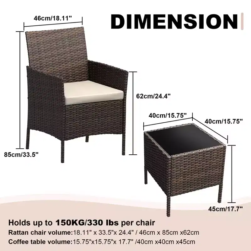 COZONY 3-Piece Patio Furniture Set with 2 Rattan Chairs and 1 Glass Coffee Table, Outdoor Conversation Set for Balcony, Garden, Poolside Seating